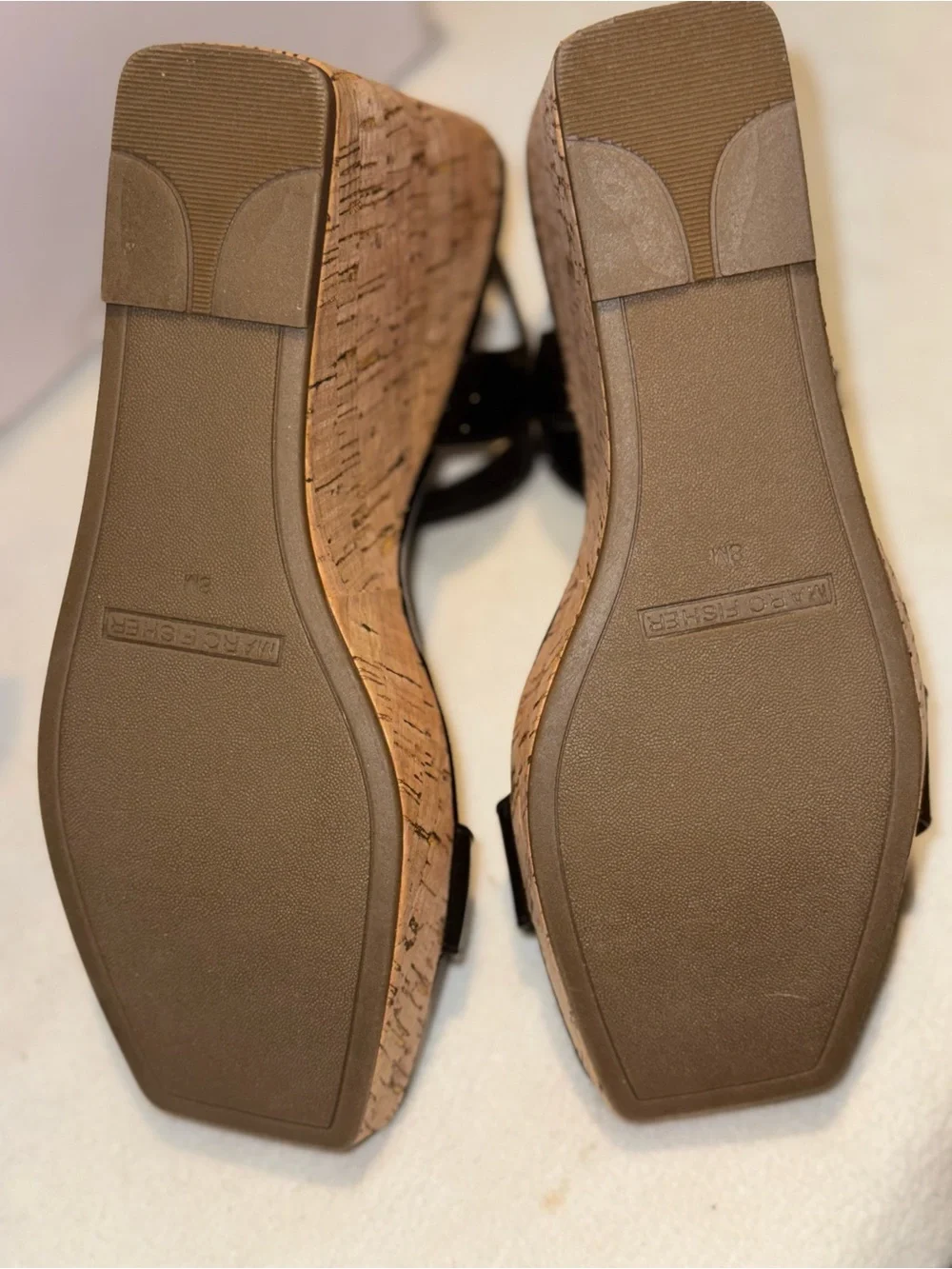 Marc Fisher Black Patent Cork Platform Wedge Sandals